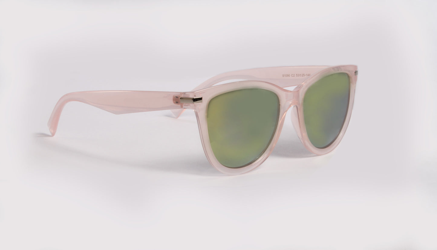 NEWPORT PINK MODERN CAT EYE SUNGLASS WITH GREEN MIRRORED LENSES