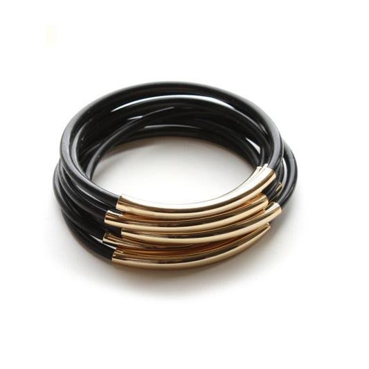TUBE JELLIES BRACELET STACK IN BLACK WITH GOLD