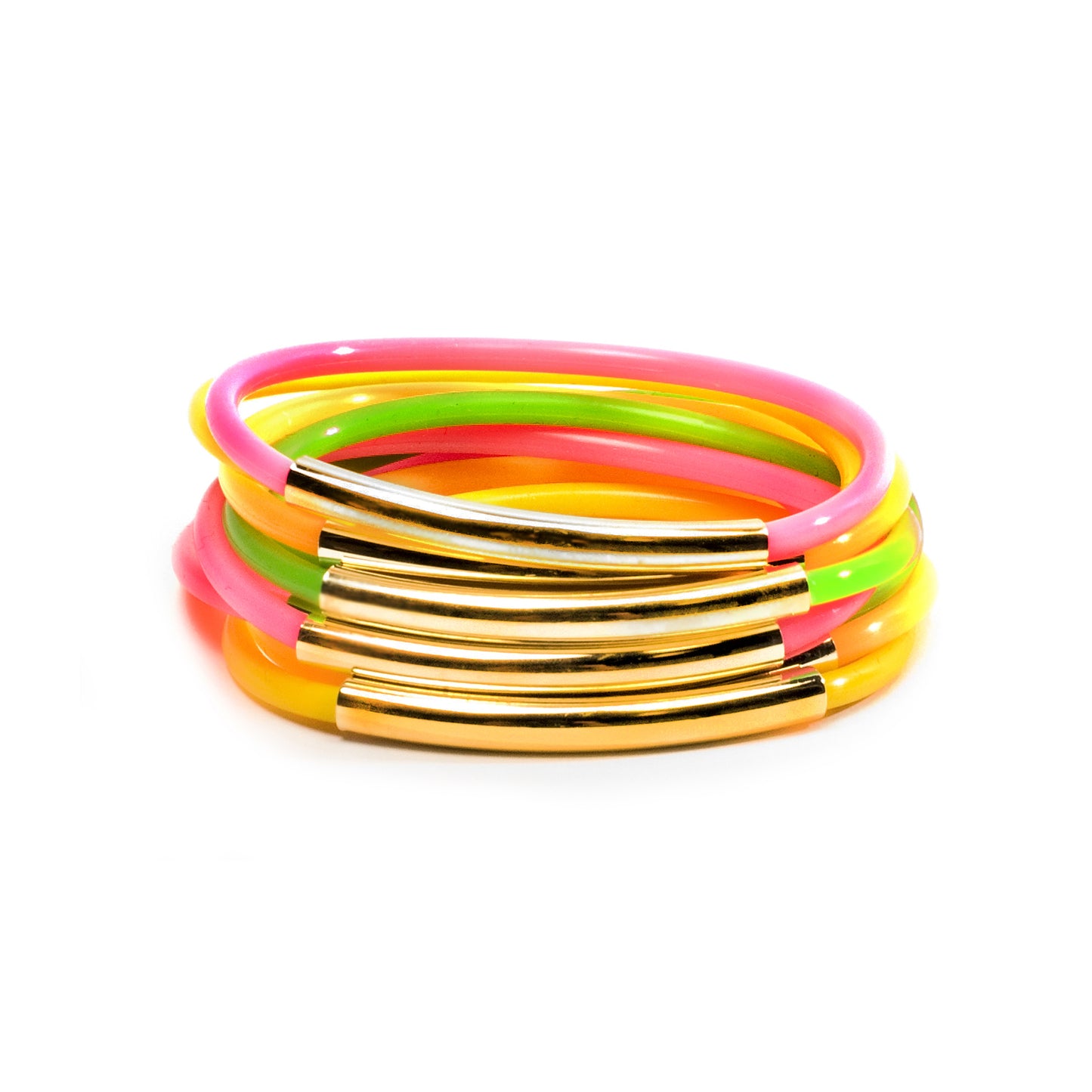 NEON TUBE JELLIES BRACELET STACK WITH GOLD BANDS