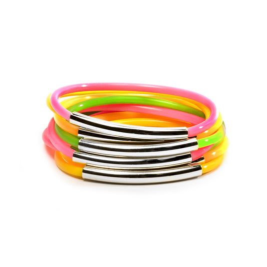 NEON TUBE JELLIES BRACELET STACK WITH SILVER BANDS