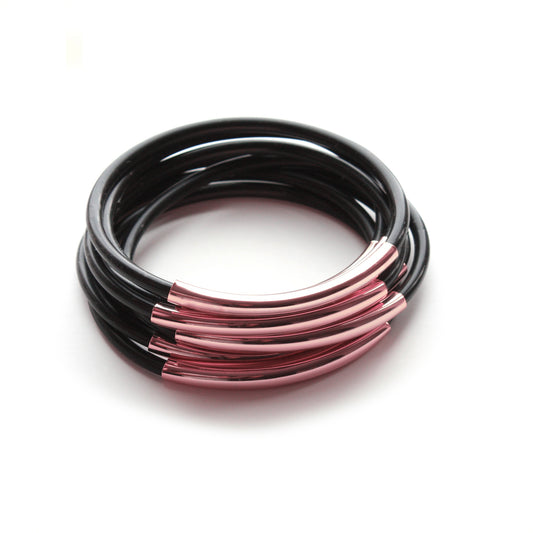TUBE JELLIES BRACELET STACK IN BLACK WITH ROSE GOLD