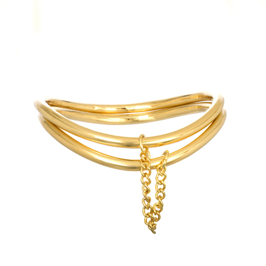 DOUBLE BANGLE WITH CHAIN IN YELLOW GOLD
